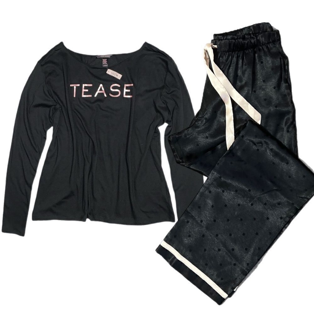 Victorias Secret Silky Satin thick pants & soft tease top pajama set black Large